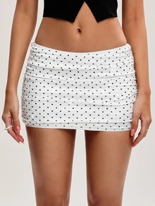 Sweetina Women's Polka Dot Print Pleated Bodycon Mini Skirt White Sequin Skirt Rhinestone Skirt - Black and White - View 2