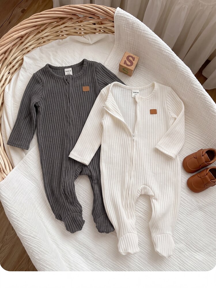 SHEIN Newborn Baby Patch Design Long Sleeve Zipper Front Sleepwear Romper Set - Multicolor - View 6