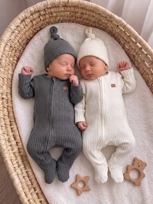 SHEIN Newborn Baby Patch Design Long Sleeve Zipper Front Sleepwear Romper Set - Multicolor - View 8