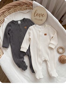 SHEIN Newborn Baby Patch Design Long Sleeve Zipper Front Sleepwear Romper Set - Multicolor - View 7