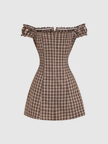 Sweetra Casual Fashion Slim-Fit Plaid Off Shoulder Mini Dress For Women - Coffee Brown - View 3