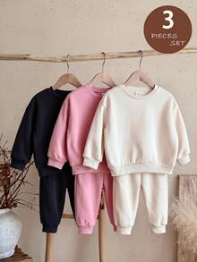 SHEIN Young Girl Young Girl Young Girl Young Girl Young Girl Young Girl 3pcs Knit Solid Color Round Neck Loose Casual Autumn Sweatshirt Set - Black - View 9
