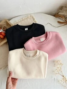 SHEIN Young Girl Young Girl Young Girl Young Girl Young Girl Young Girl 3pcs Knit Solid Color Round Neck Loose Casual Autumn Sweatshirt Set - Black - View 3
