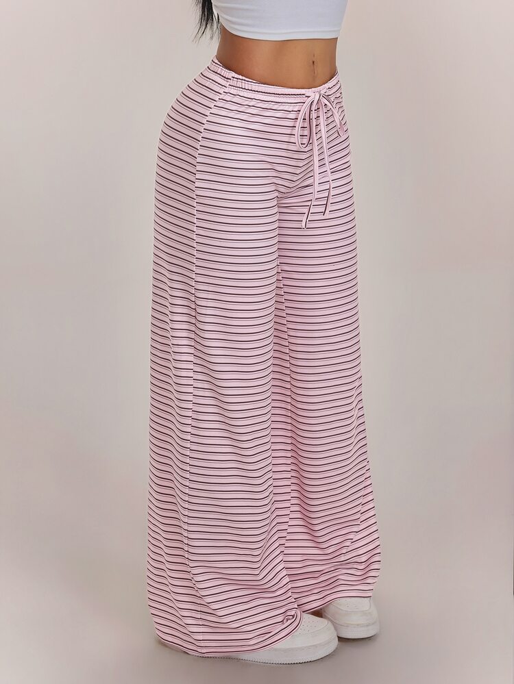 SHEIN PETITE Women's New Autumn/Winter Ultra Low Waist Pink Striped Long Pants,Suitable For Home Wear, Women's Casual Wide Leg Pants,Petite Women - Multicolor - View 4