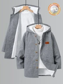 SHEIN 青少年男孩休閒保暖內裡加厚連帽羊毛大衣，派克大衣，冬季外套，適合秋冬、學校、家庭聚會、度假、派對，秋季穿搭，冬季穿搭 - 灰色 - 查看 2