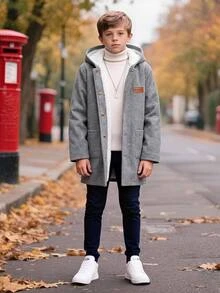 SHEIN 青少年男孩休閒保暖內裡加厚連帽羊毛大衣，派克大衣，冬季外套，適合秋冬、學校、家庭聚會、度假、派對，秋季穿搭，冬季穿搭 - 灰色 - 查看 3