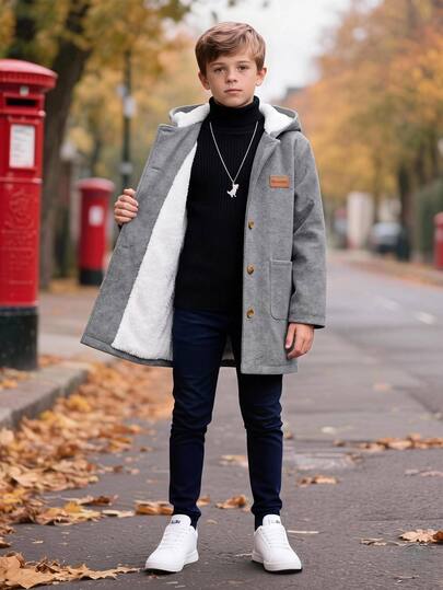 SHEIN Tween Boy Casual Thermal Lined Thick Hooded Wool Coat, Parka Coat, Winter Coat, Suitable For Fall/Winter, School, Family Gathering, Vacation, Party, Fall Outfit, Winter Outfit