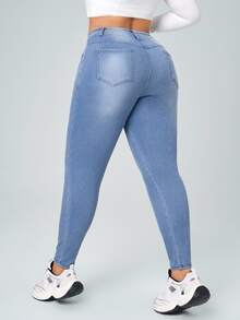 Flexra [Denim Effect] Women Plus Size Solid Color Elastic Waist Stretch Pockets Skinny Pants - Blue - View 12