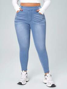 Flexra [Denim Effect] Women Plus Size Solid Color Elastic Waist Stretch Pockets Skinny Pants - Blue - View 4
