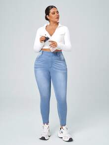 Flexra [Denim Effect] Women Plus Size Solid Color Elastic Waist Stretch Pockets Skinny Pants - Blue - View 9