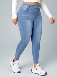 Flexra [Denim Effect] Women Plus Size Solid Color Elastic Waist Stretch Pockets Skinny Pants - Blue - View 5