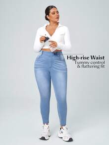 Flexra [Denim Effect] Women Plus Size Solid Color Elastic Waist Stretch Pockets Skinny Pants - Blue - View 10