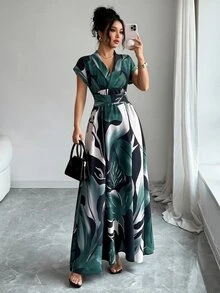 Rometta 大尺碼女款優雅親膚面料梭織印花重疊領幾何圖案無袖A字正式洋裝 深綠色 - 綠色 - 查看 3