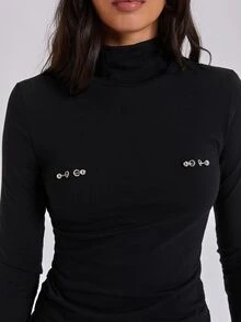 ROMWE Autumn/Winter Y2K Hot Girl Solid Color Versatile Stud Decor Fitted Long Sleeve T-Shirt Base Layer - Black - View 2