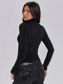 ROMWE Autumn/Winter Y2K Hot Girl Solid Color Versatile Stud Decor Fitted Long Sleeve T-Shirt Base Layer - Black - View 6