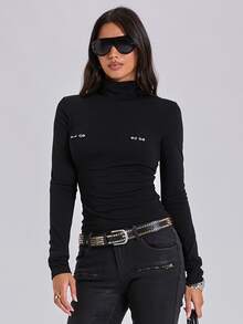 ROMWE Autumn/Winter Y2K Hot Girl Solid Color Versatile Stud Decor Fitted Long Sleeve T-Shirt Base Layer - Black - View 5