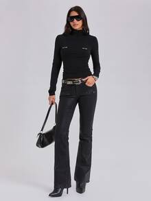 ROMWE Autumn/Winter Y2K Hot Girl Solid Color Versatile Stud Decor Fitted Long Sleeve T-Shirt Base Layer - Black - View 3