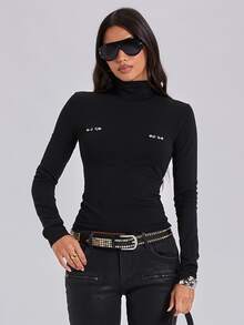 ROMWE Autumn/Winter Y2K Hot Girl Solid Color Versatile Stud Decor Fitted Long Sleeve T-Shirt Base Layer - Black - View 8
