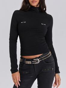 ROMWE Autumn/Winter Y2K Hot Girl Solid Color Versatile Stud Decor Fitted Long Sleeve T-Shirt Base Layer - Black - View 7