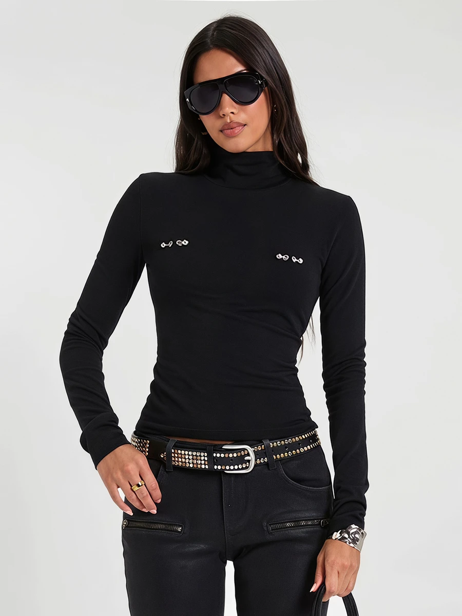 ROMWE Autumn/Winter Y2K Hot Girl Solid Color Versatile Stud Decor Fitted Long Sleeve T-Shirt Base Layer - Black - View 1