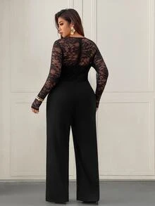 Femmeverse Plus Size Women's Fashion Sexy V-Neck Lace Patchwork Solid Color Jumpsuit Fall - Black - View 2