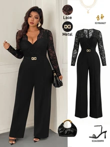 Femmeverse Plus Size Women's Fashion Sexy V-Neck Lace Patchwork Solid Color Jumpsuit Fall - Black - View 1