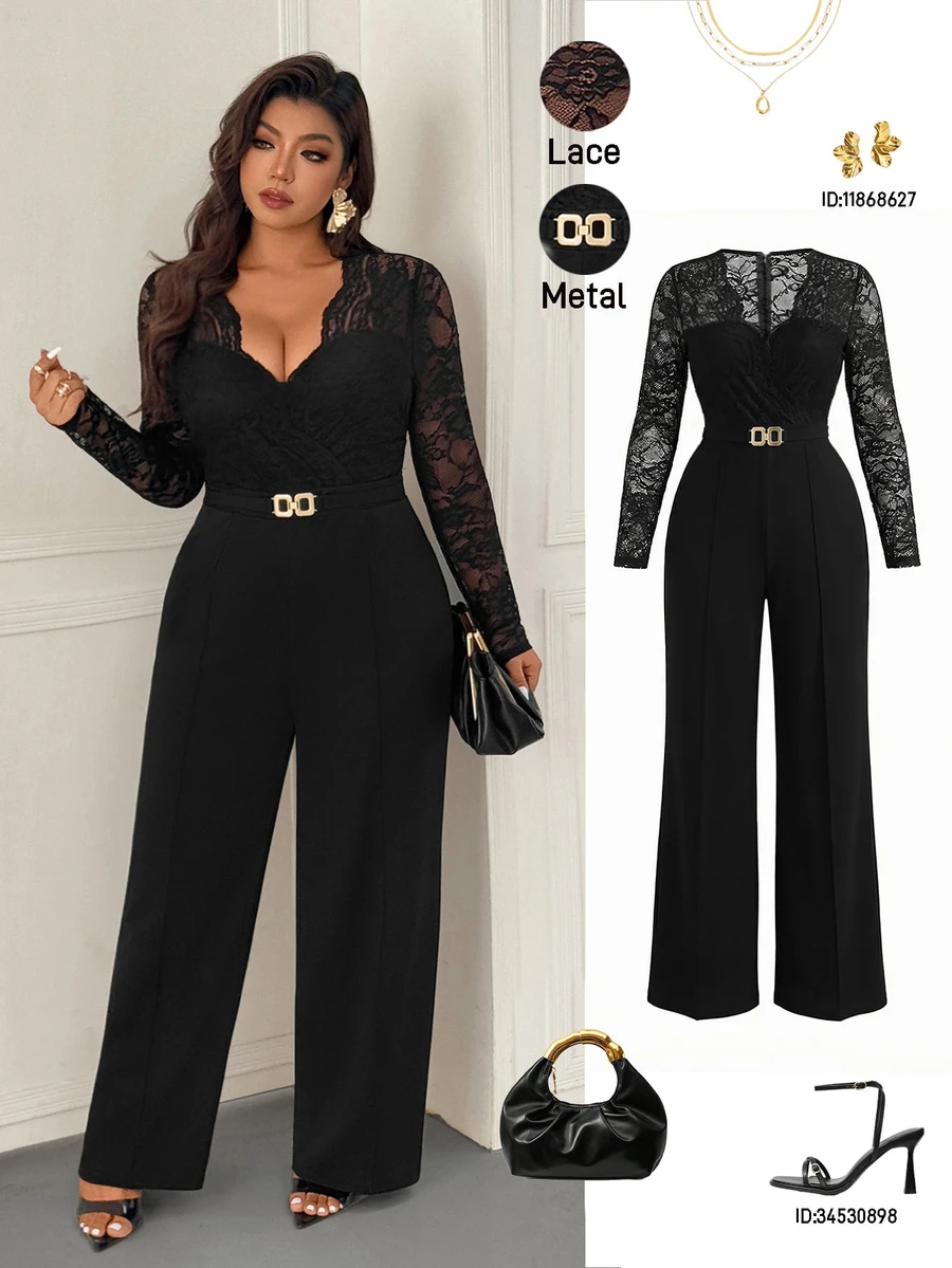 Femmeverse Plus Size Women's Fashion Sexy V-Neck Lace Patchwork Solid Color Jumpsuit Fall - Black - View 1