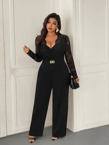 Femmeverse Plus Size Women's Fashion Sexy V-Neck Lace Patchwork Solid Color Jumpsuit Fall - Black - View 6