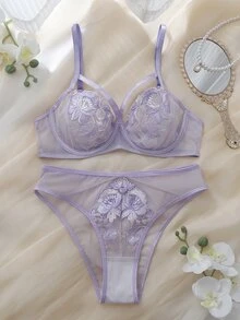 DelicateAllure Women's Elegant Floral Embroidered Mesh Lingerie Set - Mauve Purple - View 6