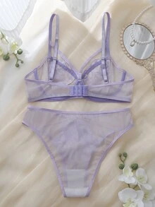 DelicateAllure Women's Elegant Floral Embroidered Mesh Lingerie Set - Mauve Purple - View 7