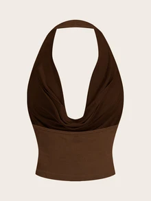 Sweetina Women Scoop Neck Sleeveless Cropped Y2K Red Sexy Top, Stylish Plain Color - Brown - View 3