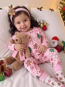 SHEIN Baby Girl Christmas Gingerbread Man Print Elastic Long Sleeve Top & Printed Pajama Pants Fleece Thick Pajama Set Suitable For Winter - Pink - View 1