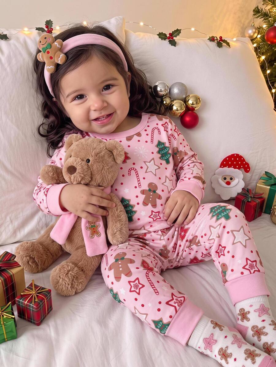 SHEIN Baby Girl Christmas Gingerbread Man Print Elastic Long Sleeve Top & Printed Pajama Pants Fleece Thick Pajama Set Suitable For Winter - Pink - View 1