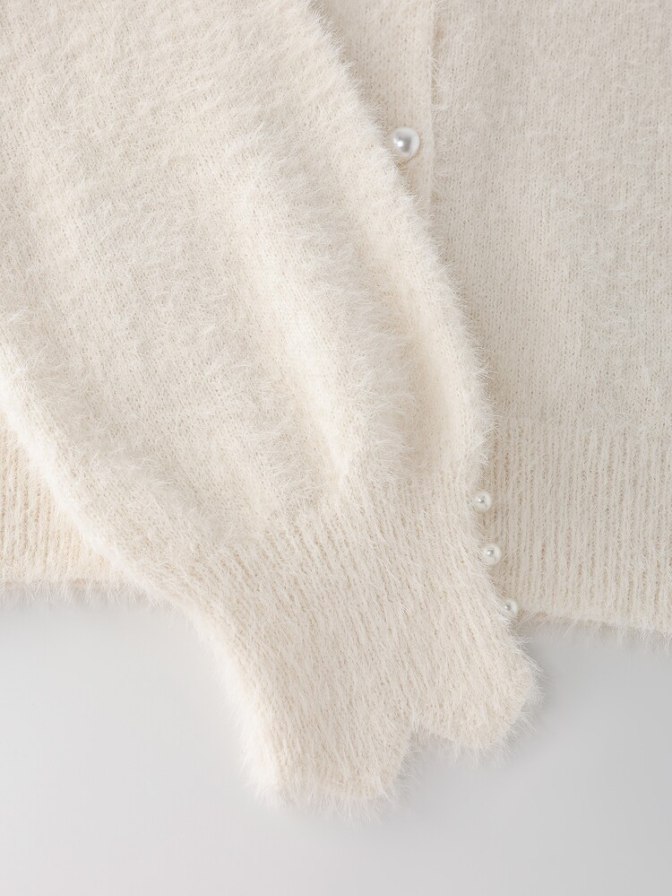 GlowEve CURVE Plus Size Faux Mink Knit Cardigan Autumn Rhinestone Pearl Trim Round Neck Buttons Puff Sleeve Elegant White Commuter Outerwear Formal Date Night - Beige - View 6
