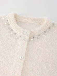 GlowEve CURVE Plus Size Faux Mink Knit Cardigan Autumn Rhinestone Pearl Trim Round Neck Buttons Puff Sleeve Elegant White Commuter Outerwear Formal Date Night - Beige - View 5