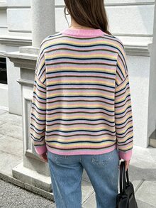 SuriyaCove Y2K 女款外出上衣，秋冬休閒彩色條紋圓領中長袖上衣 - 彩色 - 查看 2