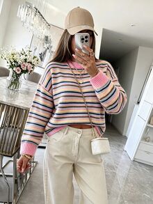 SuriyaCove Y2K 女款外出上衣，秋冬休閒彩色條紋圓領中長袖上衣 - 彩色 - 查看 4