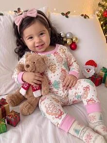 SHEIN Baby Girl Cute Christmas Tree Print Round Neck Pullover Fleece Autumn Top Casual Print Elastic Leggings Snug Fit Set Suitable For Winter Christmas - Multicolor - View 6