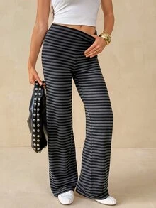SHEIN Tall 高個女款休閒簡約灰色條紋直筒長褲 - 灰色 - 查看 5