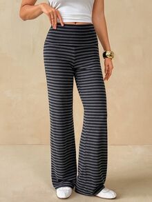 SHEIN Tall 高個女款休閒簡約灰色條紋直筒長褲 - 灰色 - 查看 3
