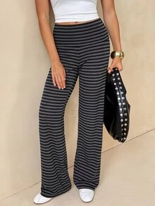 SHEIN Tall 高個女款休閒簡約灰色條紋直筒長褲 - 灰色 - 查看 8