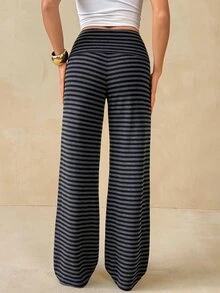 SHEIN Tall 高個女款休閒簡約灰色條紋直筒長褲 - 灰色 - 查看 2