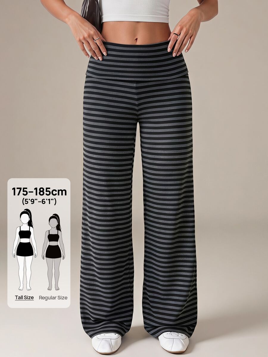 SHEIN Tall Celana Panjang Wanita Tinggi Kasual Sederhana Bergaris Abu-abu Potongan Lurus - Grey - View 1