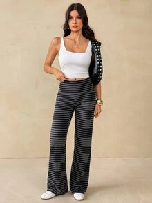 SHEIN Tall 高個女款休閒簡約灰色條紋直筒長褲 - 灰色 - 查看 7