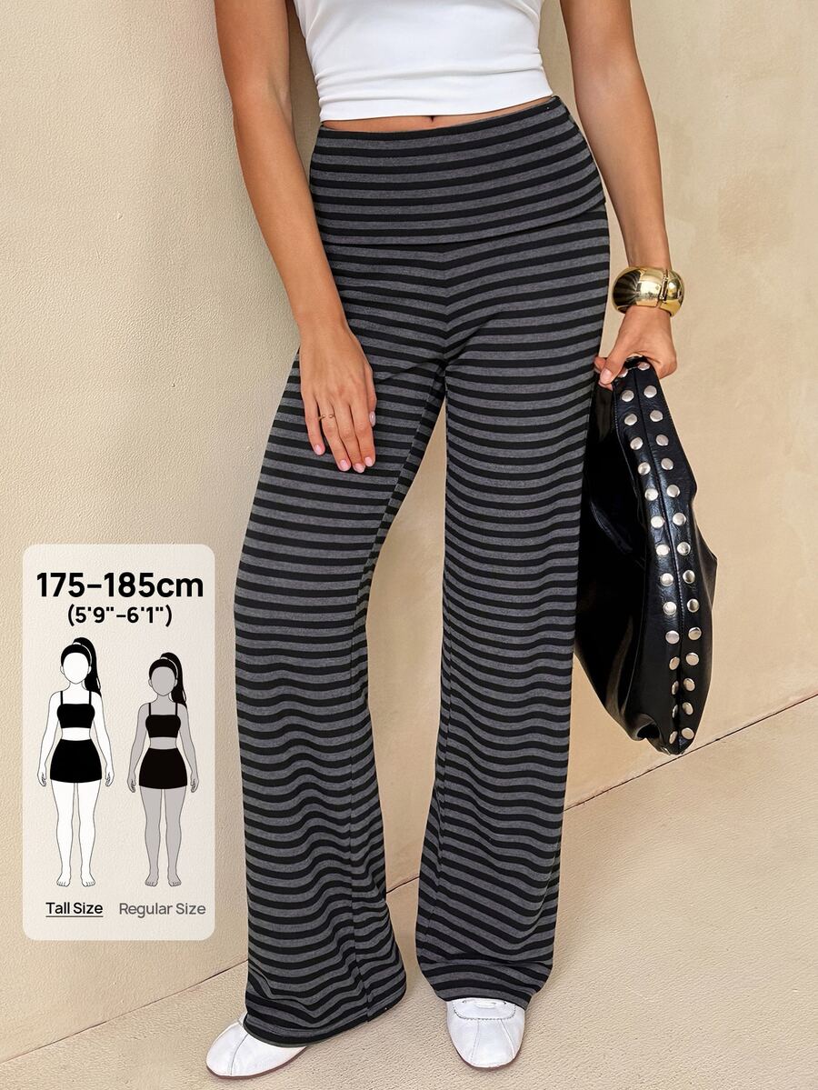 SHEIN Tall 高個女款休閒簡約灰色條紋直筒長褲 - 灰色 - 查看 1