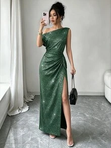 Elenzga 新款時尚不對稱單肩百褶黑色銀箔收腰極簡百搭度假派對聚會長洋裝 - 墨綠色 - 查看 6