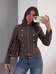 Siren Gaze Women's Zipper Casual Preppy Vintage Elegant Versatile Daily Travel Long Sleeve Jacket Everyday Dark Brown Fall Office - Brown - View 9