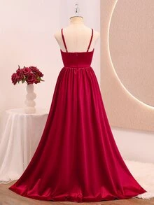 Girl's Bowknot Solid Color Spaghetti Strap Elegant Evening Dress - Red - View 7