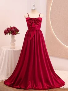 Girl's Bowknot Solid Color Spaghetti Strap Elegant Evening Dress - Red - View 2