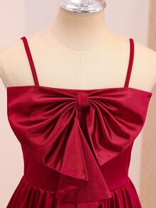Girl's Bowknot Solid Color Spaghetti Strap Elegant Evening Dress - Red - View 4